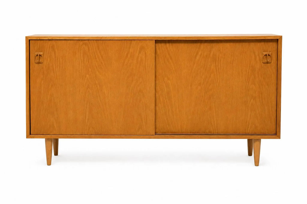 Vintage Scandinavian Oak Credenza: Mid Century Sliding Door Sideboard Cabinet