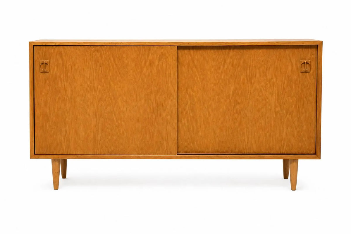 Vintage Scandinavian Oak Credenza: Mid Century Sliding Door Sideboard Cabinet