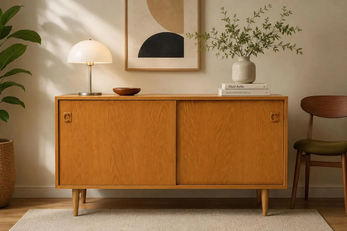 Vintage Scandinavian Oak Credenza: Mid Century Sliding Door Sideboard Cabinet