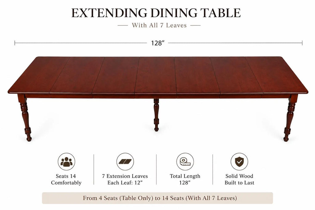 Vintage Solid Wood Expandable Dining Table with 7 Leaves – Seats 14, Traditional Boho Style