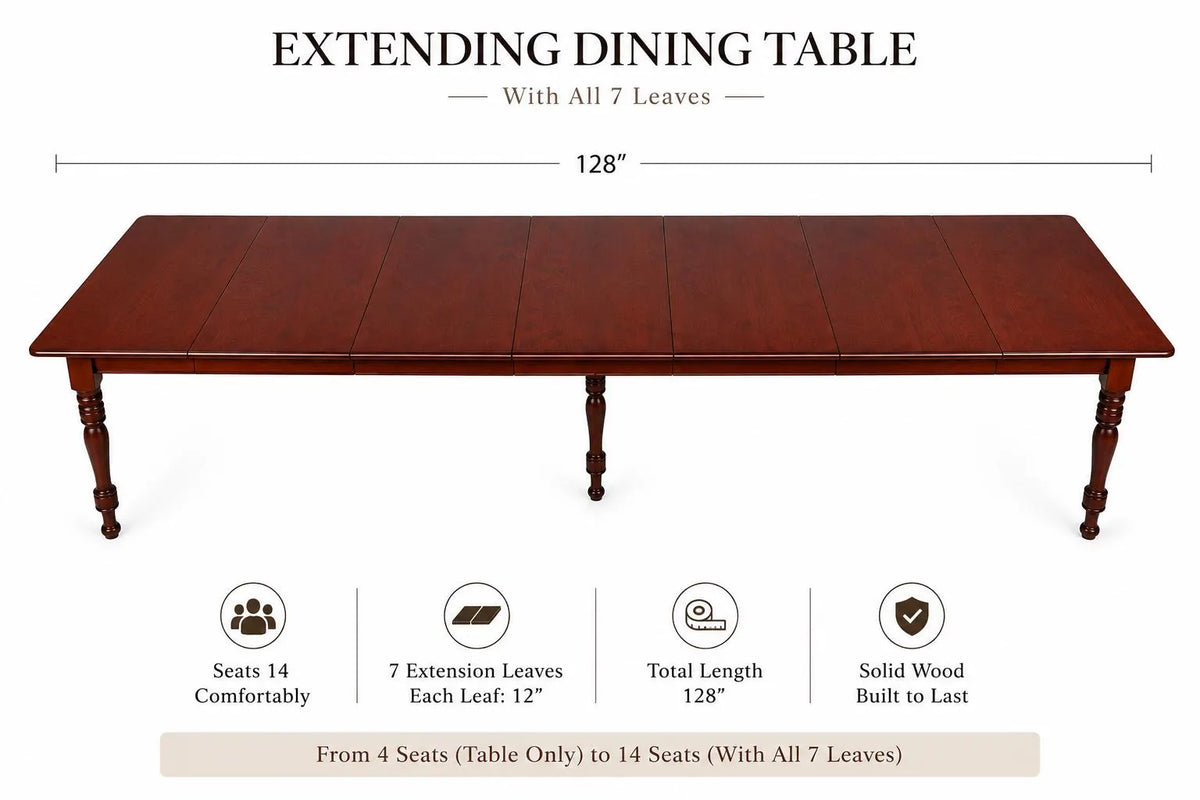 Vintage Solid Wood Expandable Dining Table with 7 Leaves – Seats 14, Traditional Boho Style