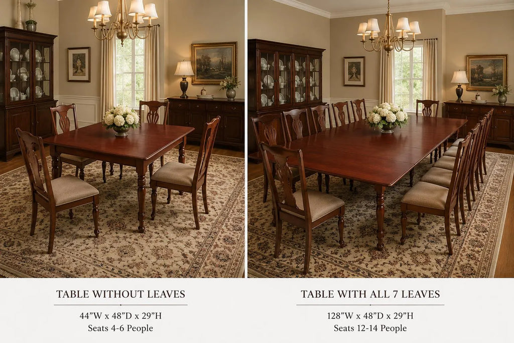 Vintage Solid Wood Expandable Dining Table with 7 Leaves – Seats 14, Traditional Boho Style