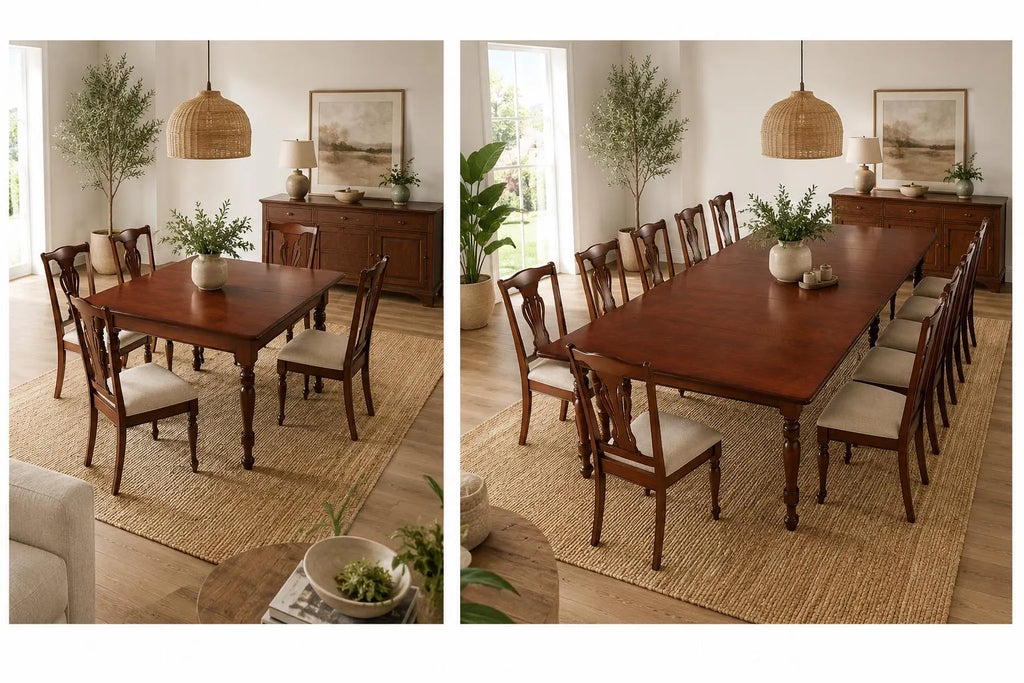 Vintage Solid Wood Expandable Dining Table with 7 Leaves – Seats 14, Traditional Boho Style