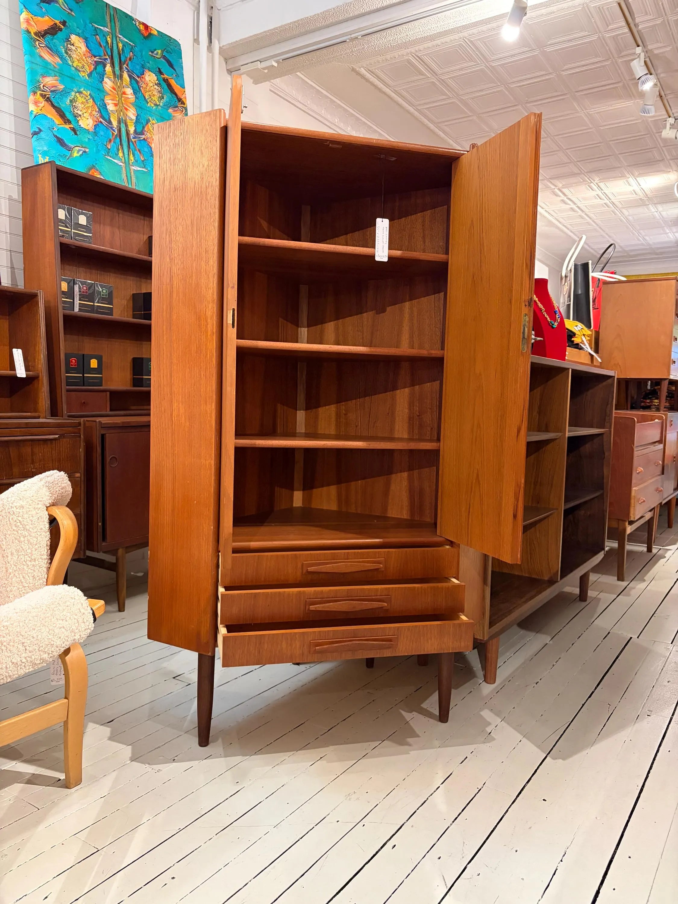 Mid Century Rosewood Corner Cabinet | Danish Modern Teak Storage Cupboard with Shelves
