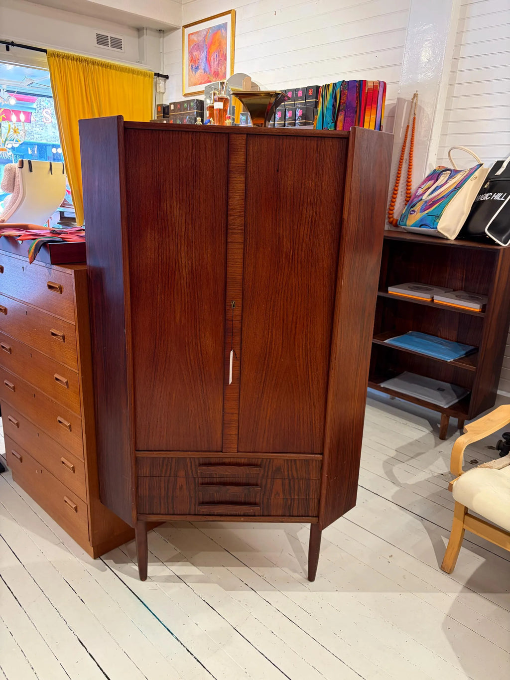 Mid Century Rosewood Corner Cabinet | Danish Modern Storage Cupboard with Shelves
