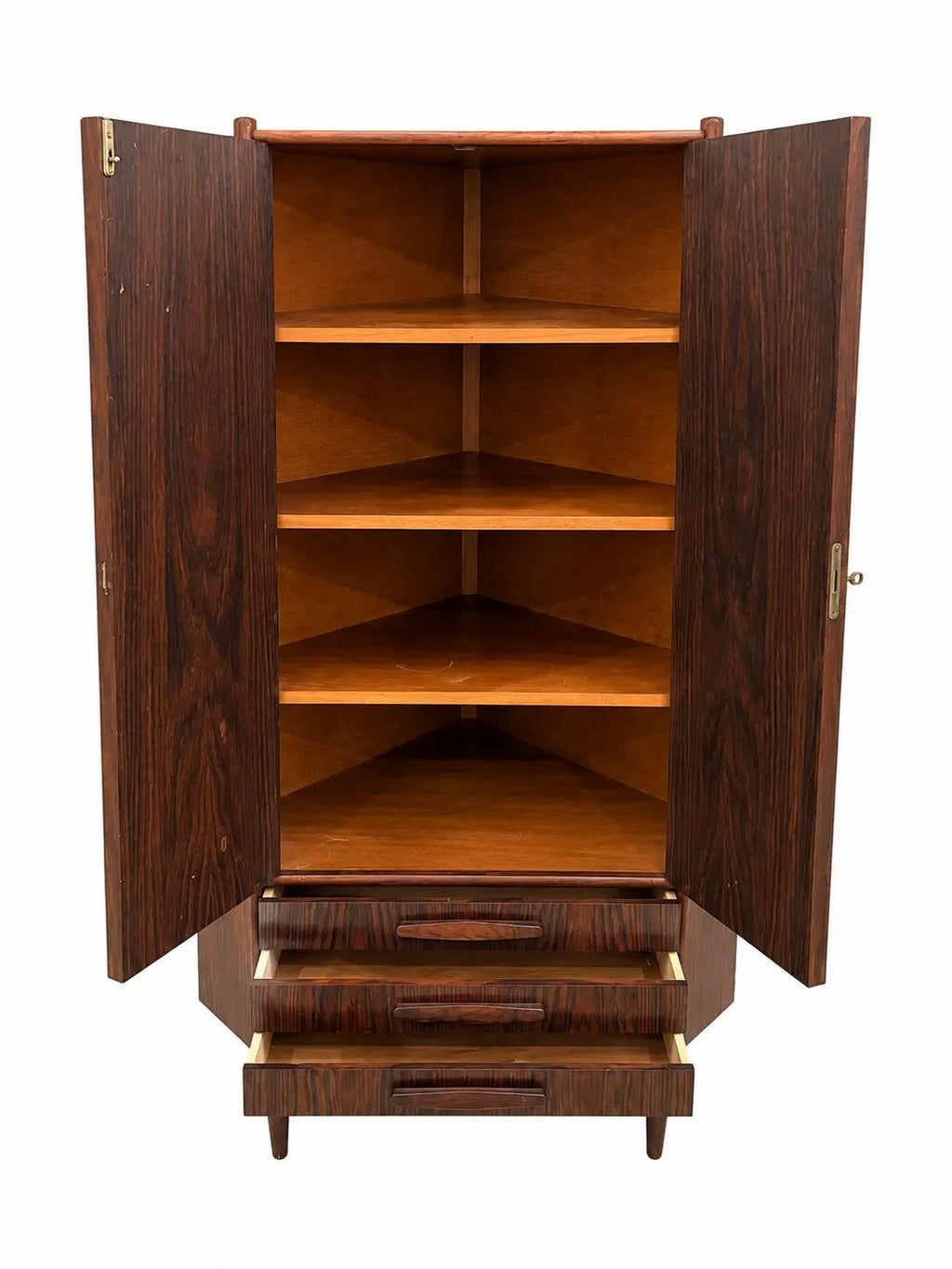 Mid Century Rosewood Corner Cabinet | Danish Modern Storage Cupboard with Shelves
