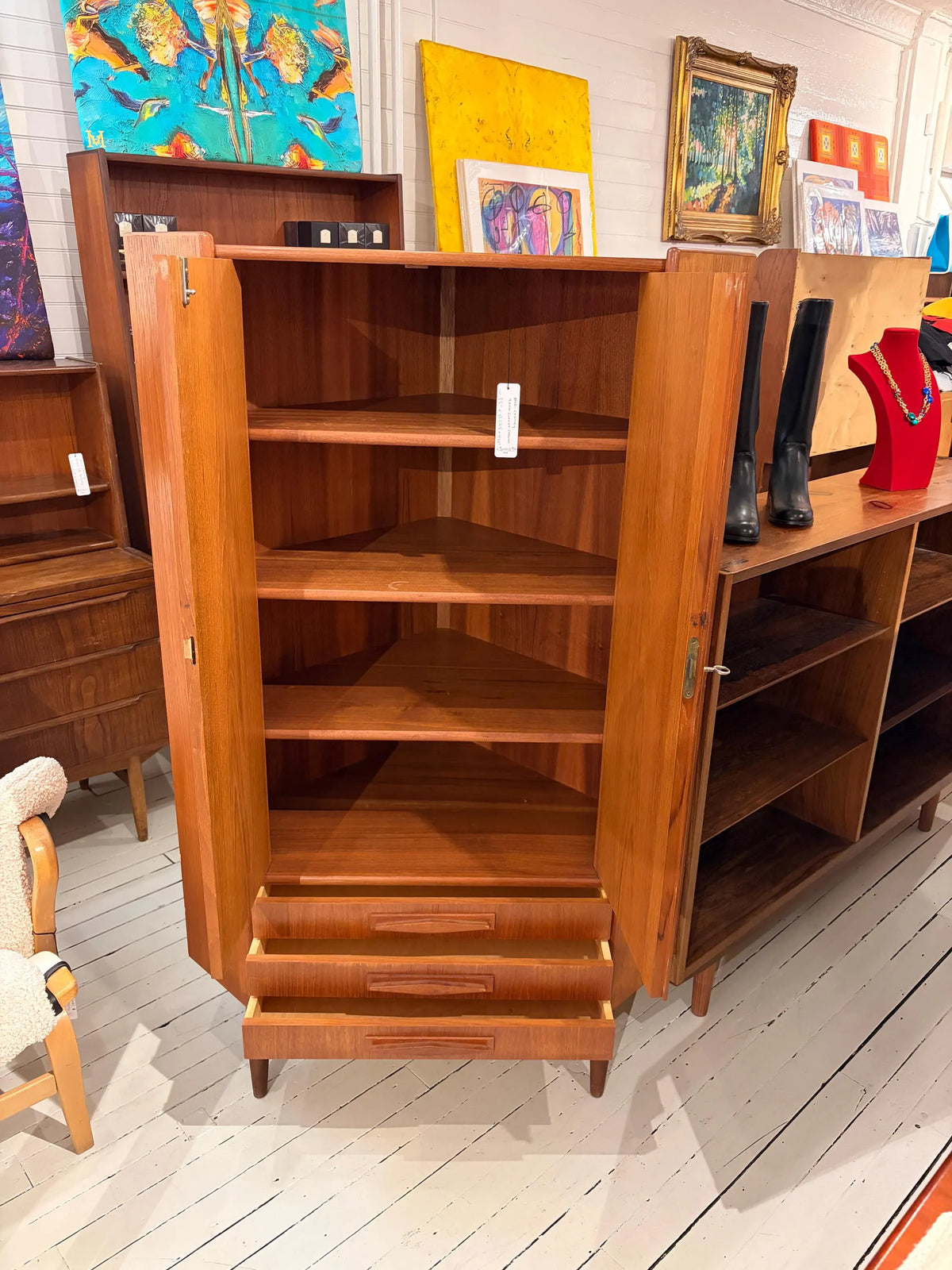 Mid Century Rosewood Corner Cabinet | Danish Modern Teak Storage Cupboard with Shelves