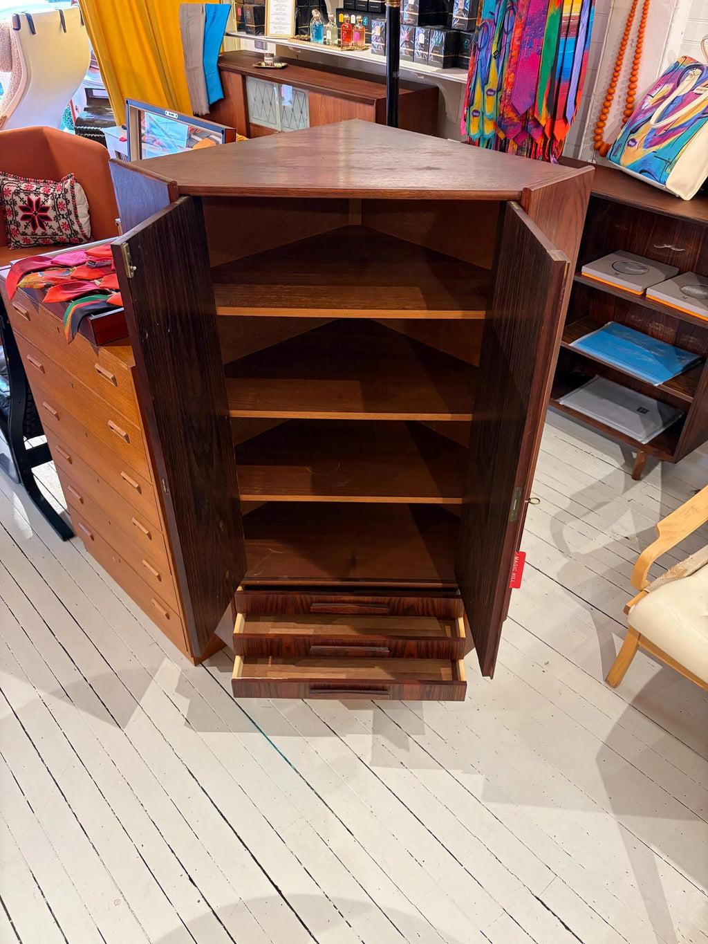 Mid Century Rosewood Corner Cabinet | Danish Modern Storage Cupboard with Shelves