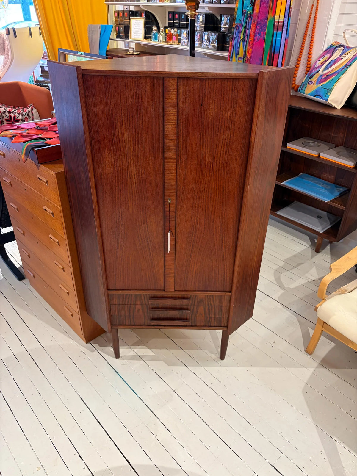 Mid Century Rosewood Corner Cabinet | Danish Modern Storage Cupboard with Shelves