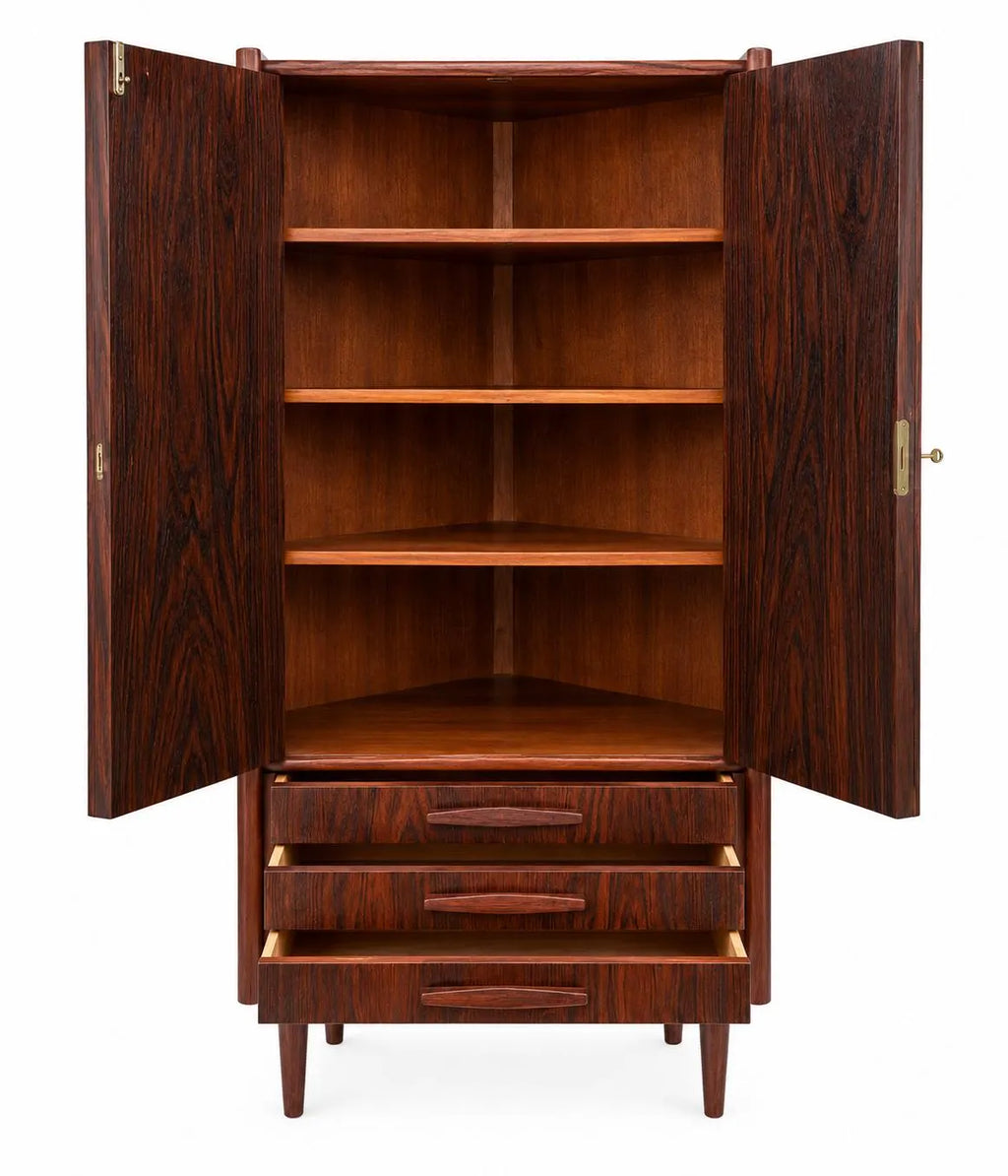 Mid Century Rosewood Corner Cabinet | Danish Modern Storage Cupboard with Shelves