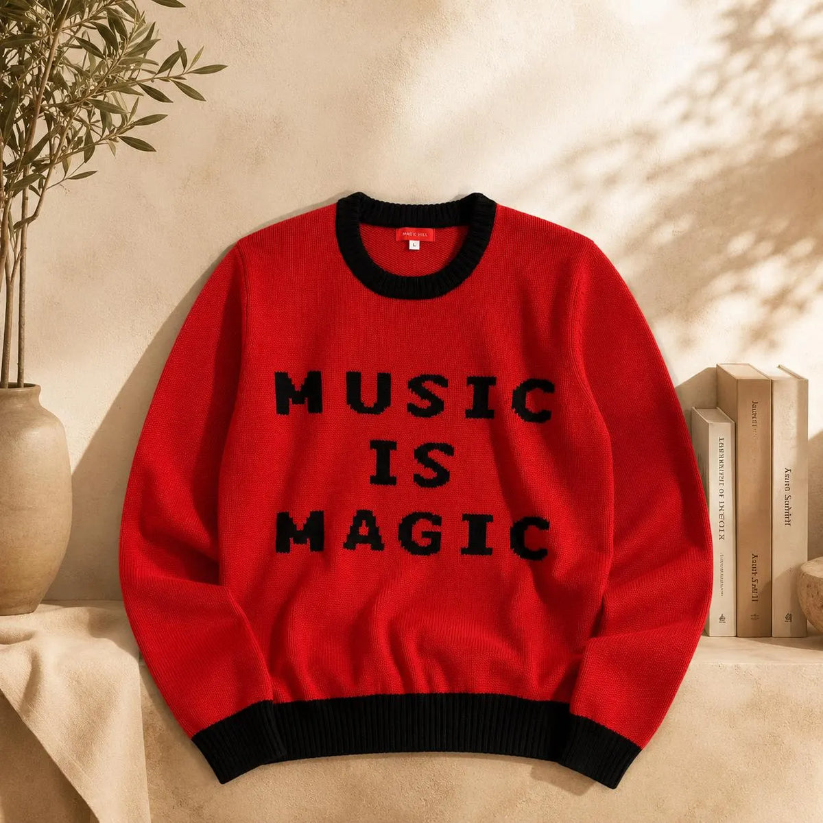 Red Marino Wool Sweater – “MUSIC IS MAGIC” Knit Pullover, Unisex Contemporary Fashion