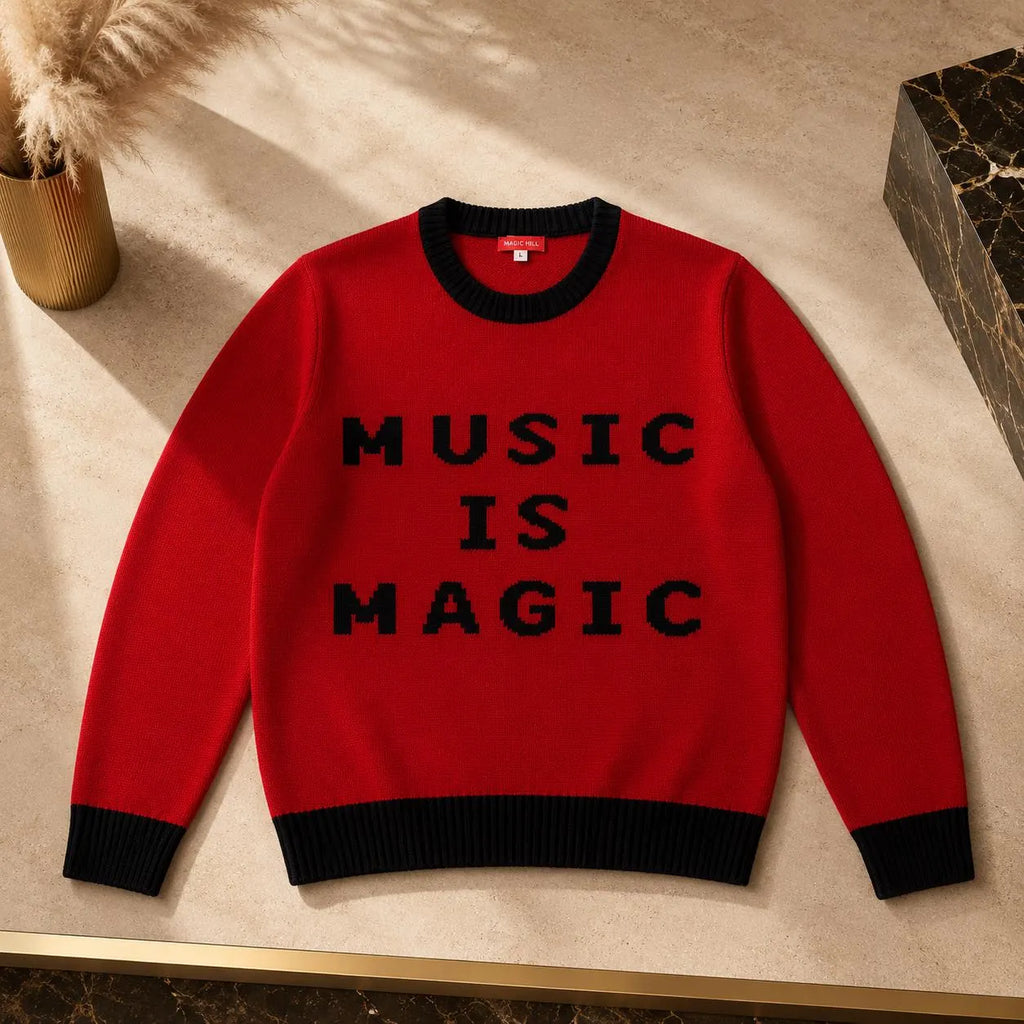 Red Marino Wool Sweater – “MUSIC IS MAGIC” Knit Pullover, Unisex Contemporary Fashion