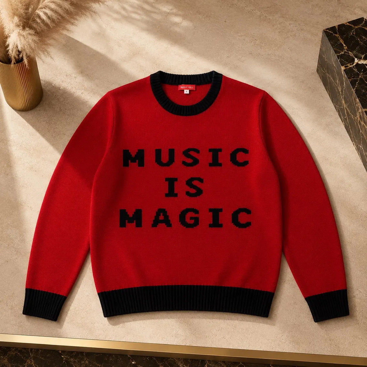 Red Marino Wool Sweater – “MUSIC IS MAGIC” Knit Pullover, Unisex Contemporary Fashion