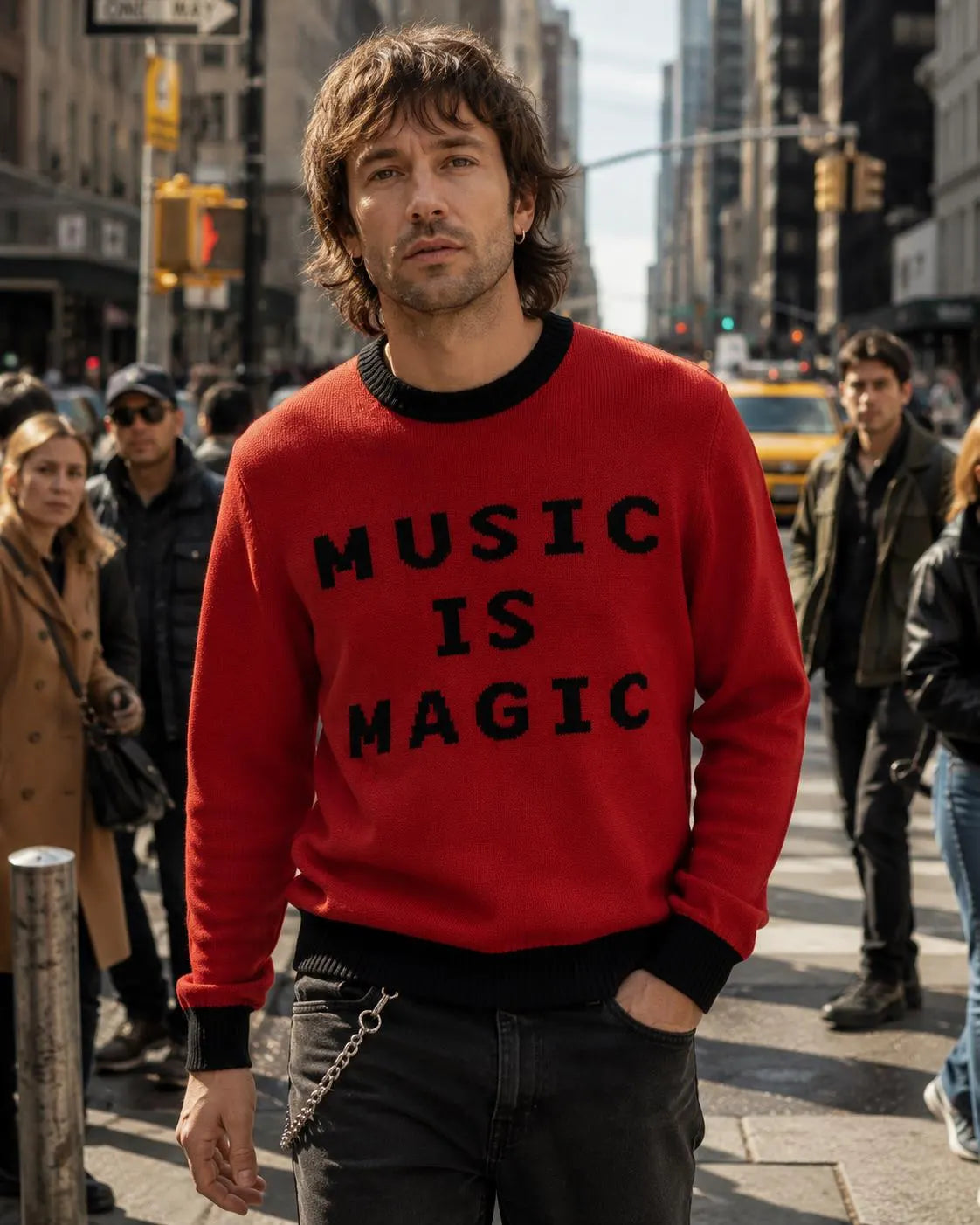 Red Marino Wool Sweater – “MUSIC IS MAGIC” Knit Pullover, Unisex Contemporary Fashion