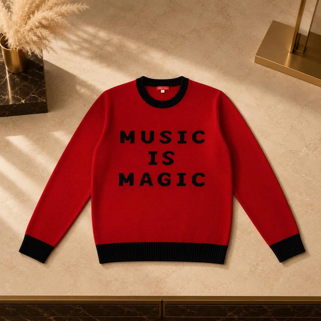 Red Marino Wool Sweater – “MUSIC IS MAGIC” Knit Pullover, Unisex Contemporary Fashion